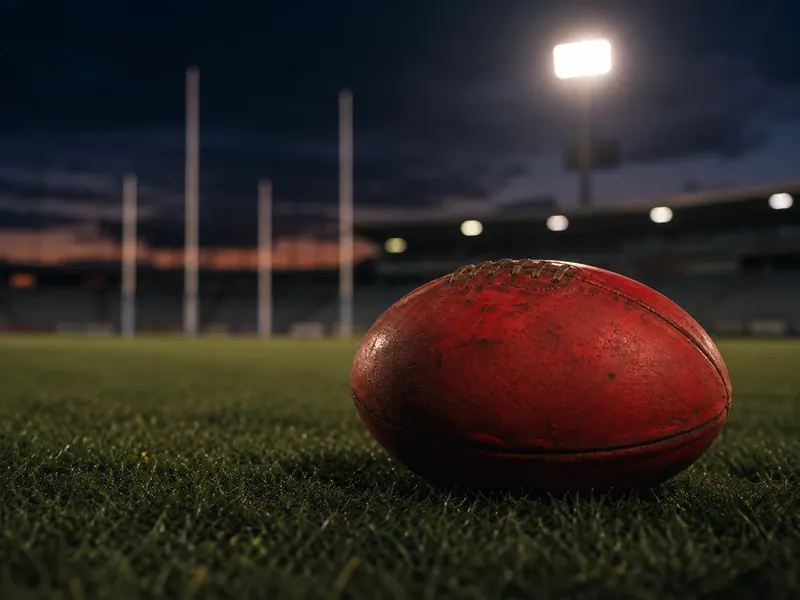 An Australian rules football on the turf in front of goal posts under stadium floodlights