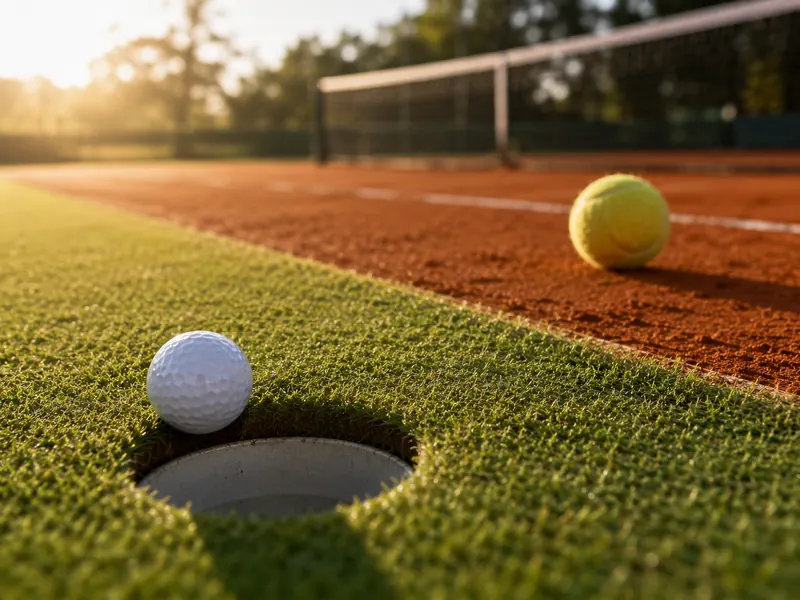 A golf ball on the lip of the hole beside a tennis ball on a clay court