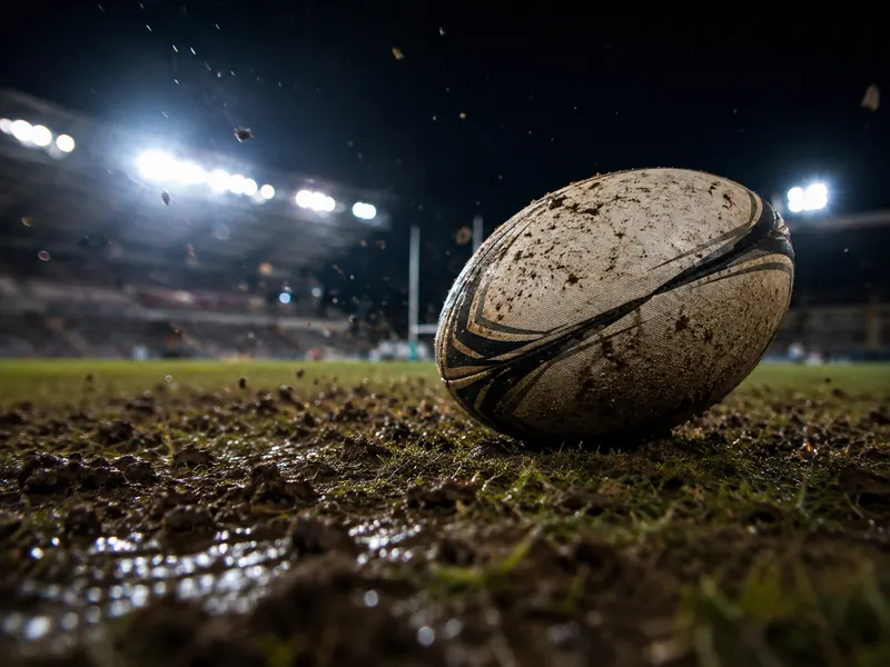 A muddy rugby league ball on a churned-up field under stadium lights