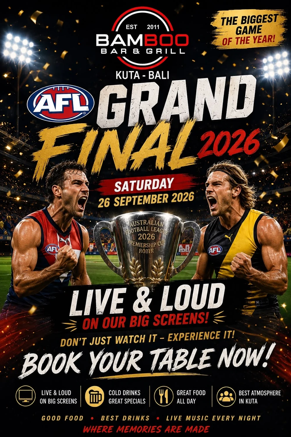 AFL Grand Final 2026 poster for Bamboo Bar & Grill, Kuta. Saturday 26 September, live on the big screens.