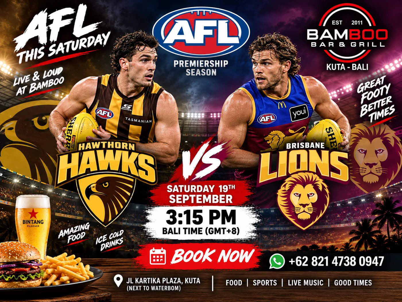 AFL poster for Bamboo Bar & Grill, Kuta. Hawthorn Hawks v Brisbane Lions, Saturday 19 September 2026, 3:15pm Bali time, live on the big screens.