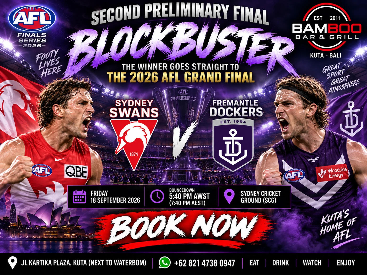 AFL Second Preliminary Final poster for Bamboo Bar & Grill, Kuta. Sydney Swans v Fremantle Dockers at the SCG, Friday 18 September 2026, 5:40pm Bali time, live on the big screens.