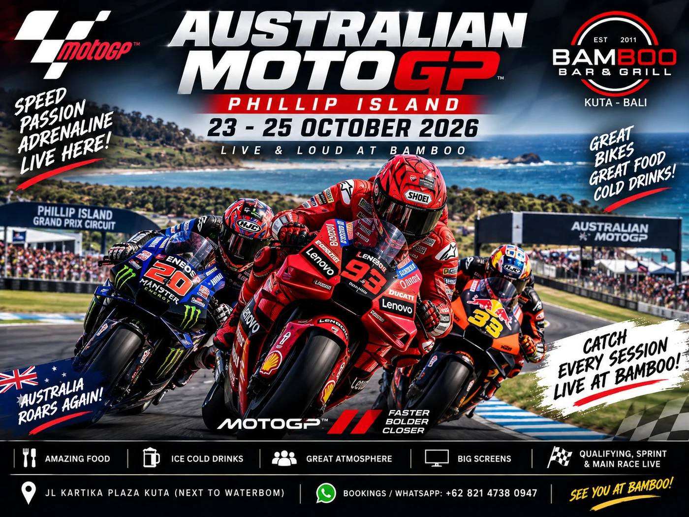 Australian MotoGP poster for Bamboo Bar & Grill, Kuta. Phillip Island, 23 to 25 October 2026, qualifying, sprint and the main race live on the big screens.