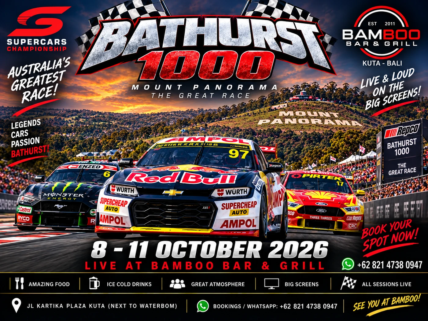 Bathurst 1000 poster for Bamboo Bar & Grill, Kuta. Supercars at Mount Panorama, 8 to 11 October 2026, all sessions live on the big screens.