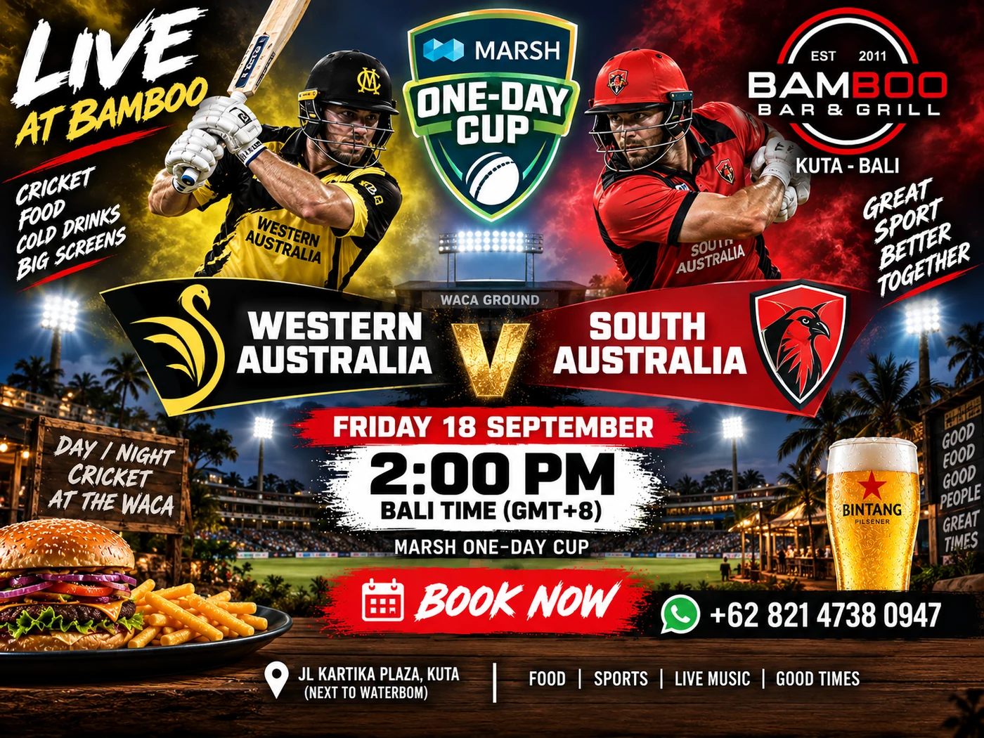 Marsh One-Day Cup cricket poster for Bamboo Bar & Grill, Kuta. Western Australia v South Australia at the WACA Ground, Friday 18 September 2026, 2:00pm Bali time, live on the big screens.