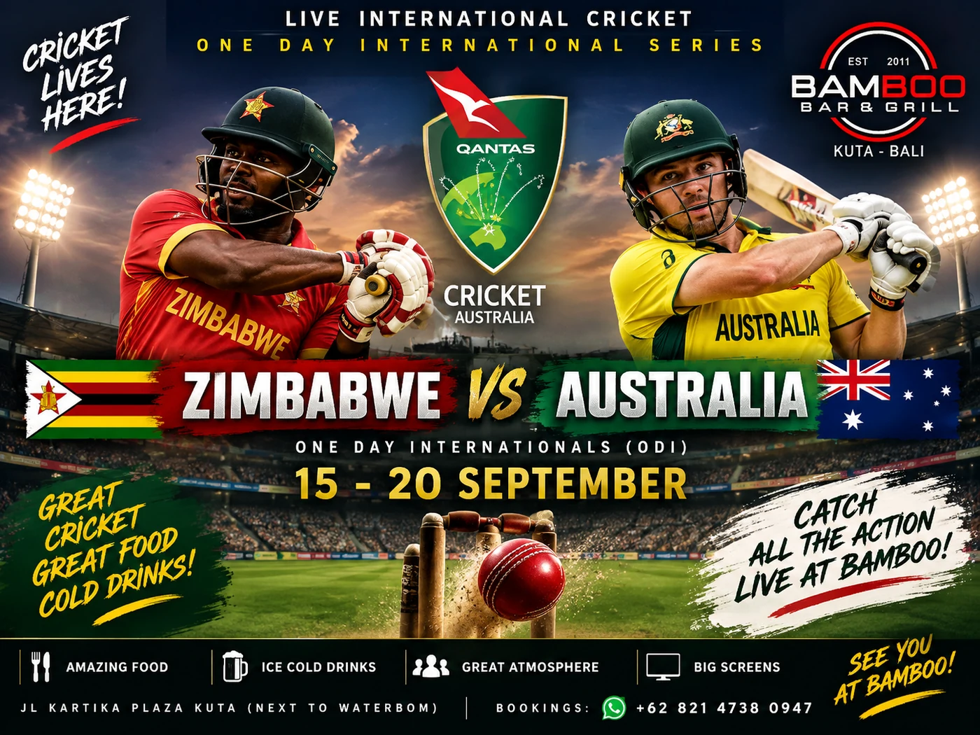 Zimbabwe v Australia one-day international cricket poster for Bamboo Bar & Grill, Kuta. 15 to 20 September 2026, the ODI series live on the big screens.