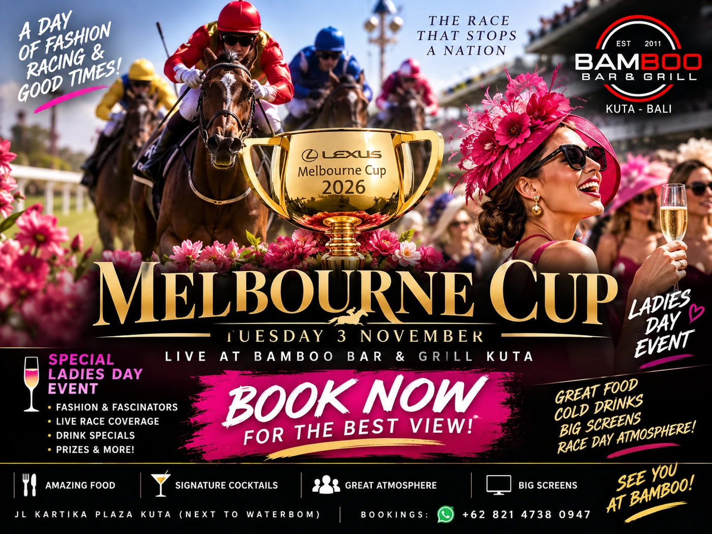 Melbourne Cup 2026 poster for Bamboo Bar & Grill, Kuta. Tuesday 3 November, a ladies day event with live race coverage on the big screens. Book a table.