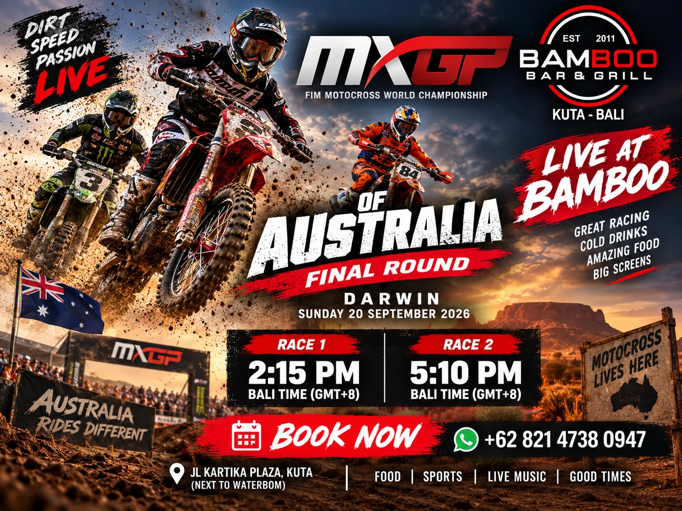 MXGP of Australia final round poster for Bamboo Bar & Grill, Kuta. FIM Motocross World Championship in Darwin, Sunday 20 September 2026, race 1 at 2:15pm and race 2 at 5:10pm Bali time, live on the big screens.