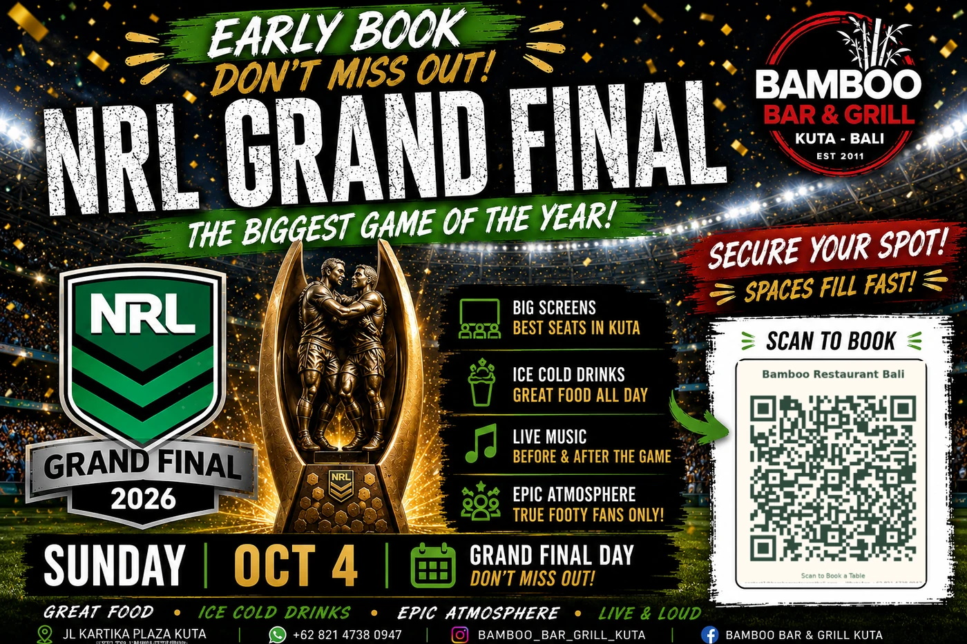 NRL Grand Final 2026 poster for Bamboo Bar & Grill, Kuta. Sunday 4 October, live on the big screens.