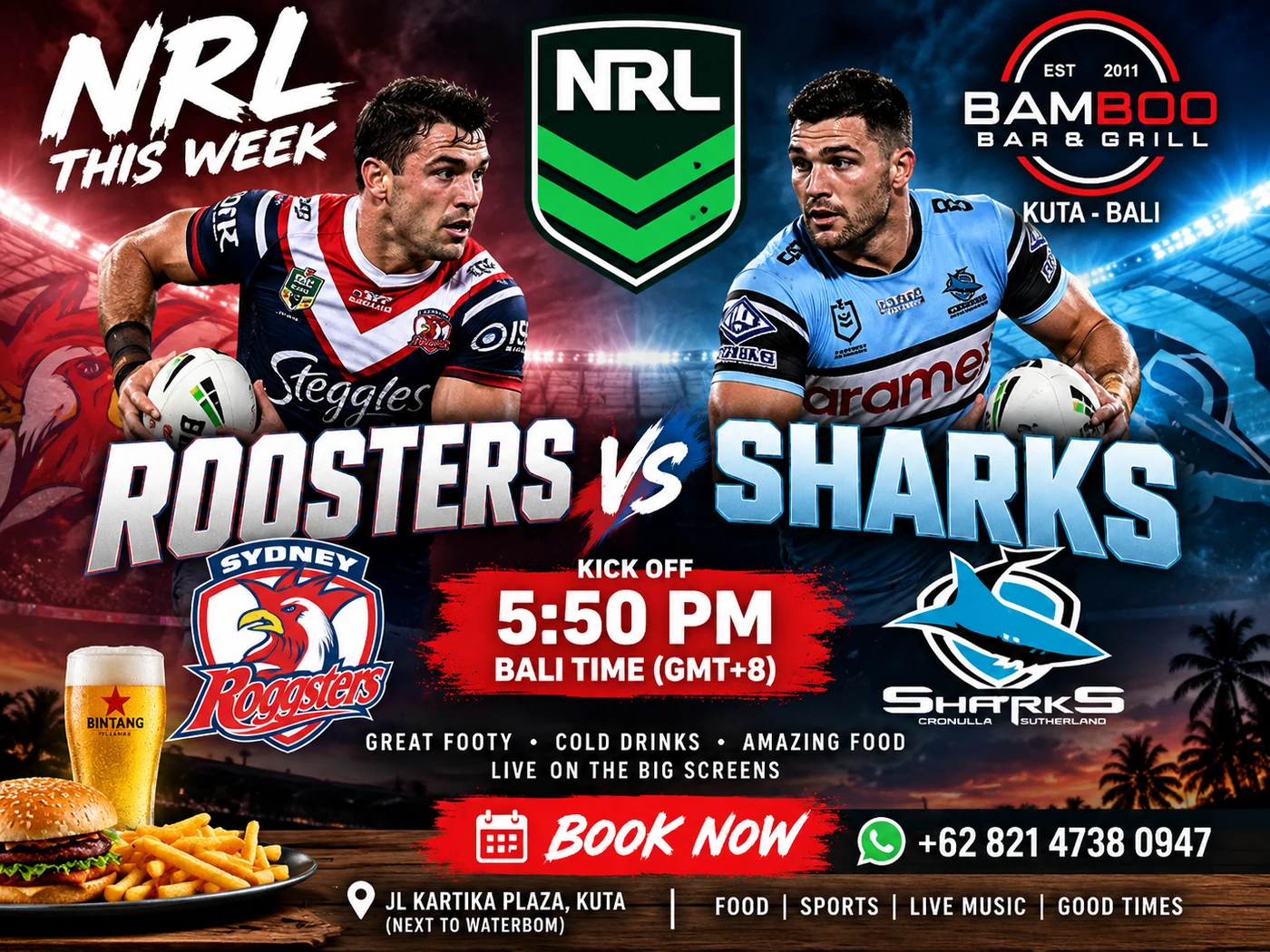 NRL poster for Bamboo Bar & Grill, Kuta. Sydney Roosters v Cronulla-Sutherland Sharks, Saturday 19 September 2026, 5:50pm Bali time, live on the big screens.