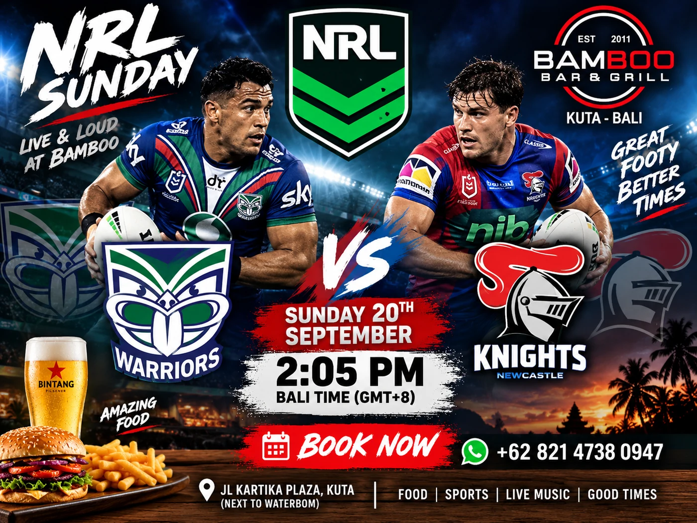 NRL poster for Bamboo Bar & Grill, Kuta. New Zealand Warriors v Newcastle Knights, Sunday 20 September 2026, 2:05pm Bali time, live on the big screens.