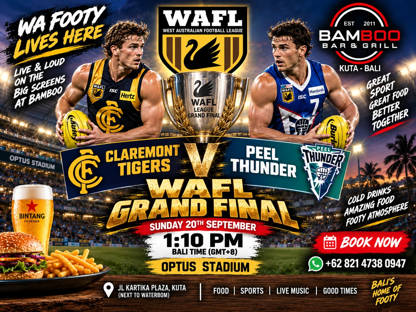 WAFL Grand Final poster for Bamboo Bar & Grill, Kuta. Claremont Tigers v Peel Thunder at Optus Stadium, Sunday 20 September 2026, 1:10pm Bali time, live on the big screens.